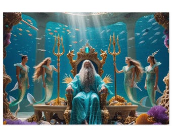 May include: A king of the sea sits on a throne made of gold and blue, holding a trident. Three mermaids with long flowing hair stand in front of him. The scene is set underwater with a blue background and bubbles.