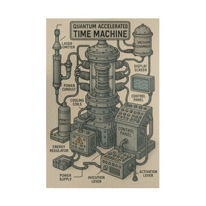 May include: A technical illustration of a Quantum Accelerated Time Machine on a beige background. The diagram features labeled components including a laser emitter, vacuum chamber, cooling coils, power conduits, energy regulator, and control panels.