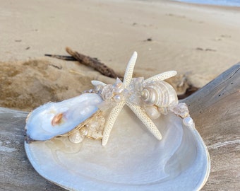 Clam Shell Starfish Ring Tray adorned with quartz shards, druzy geode pieces, pearls and Swarovski crystals