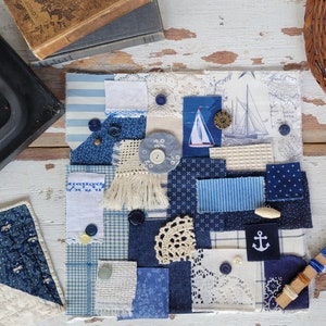 Slow Stitch Kit - {Nautical} - Mindful Sewing, Fabric Bundle, Junk Journal, Sewing Kit, Fabric Scrap Pack, Gifts for Her, Fabric Collage