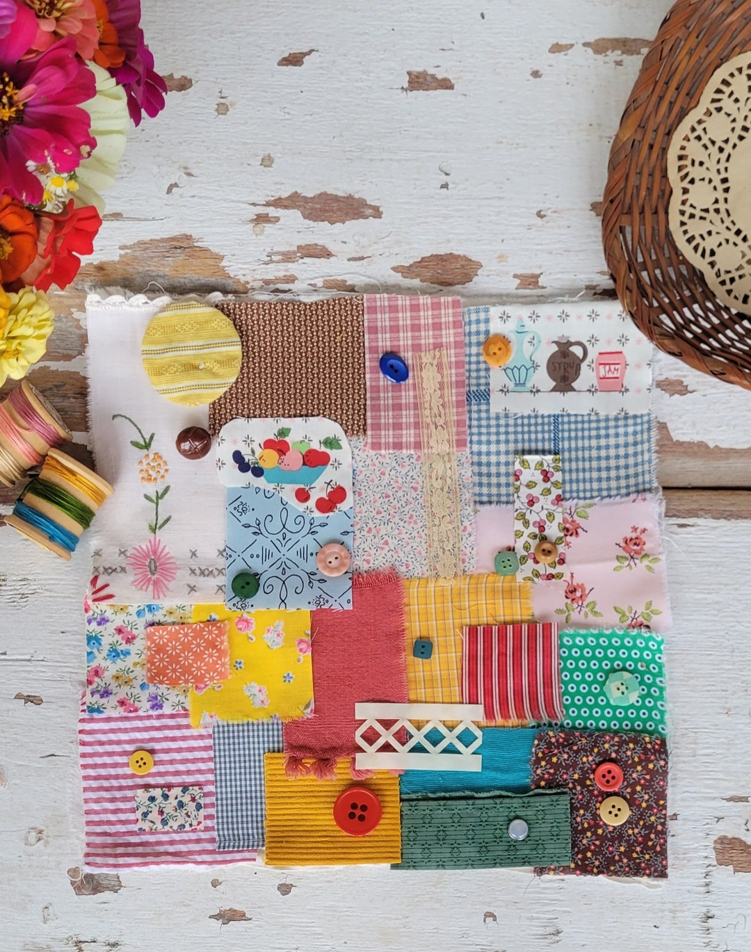 Slow Stitch Kit country Kitchen Mindful Sewing, Fabric Scrap Sewing, Fabric Bundle, Junk Journal