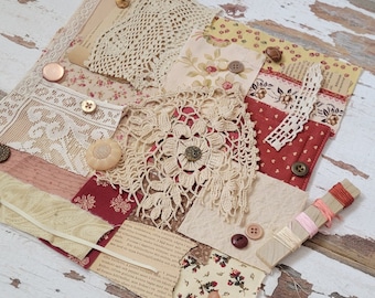 Slow Stitch Kit - {Valentine} - Mindful Sewing, Haberdashery, Fabric Scrap Sewing, Fabric Bundle, Junk Journal, Sewing Kit, Fabric Pack