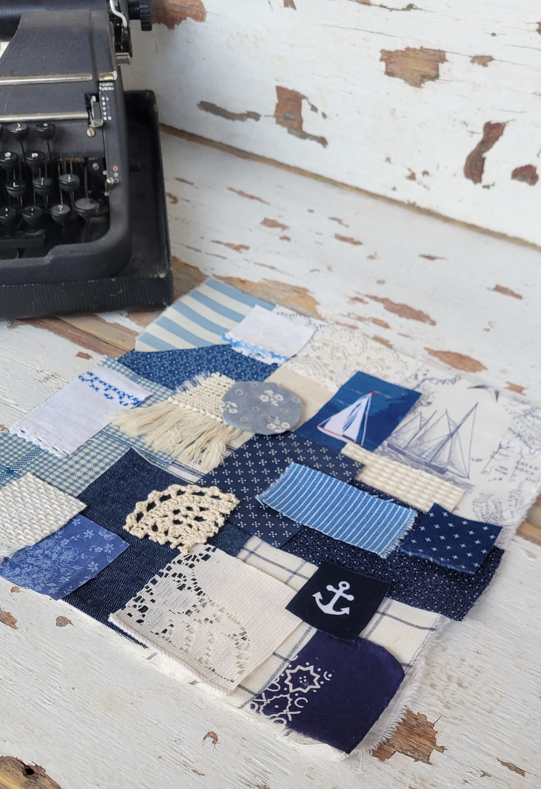 Slow Stitch Kit nautical Mindful Sewing, Fabric Bundle, Junk Journal, Sewing Kit, Fabric Scrap