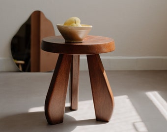Wooden Stool, dark brown solid oak wood, mid century design, Charlotte Perriand style
