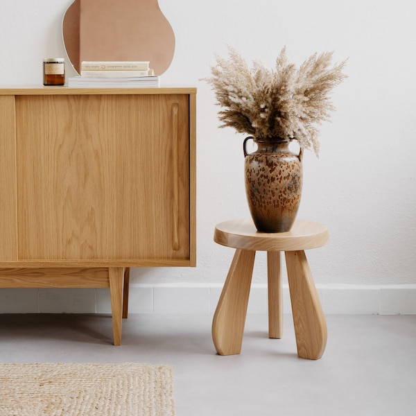 Wooden Stool, natural solid oak wood, mid century design, Charlotte Perriand style