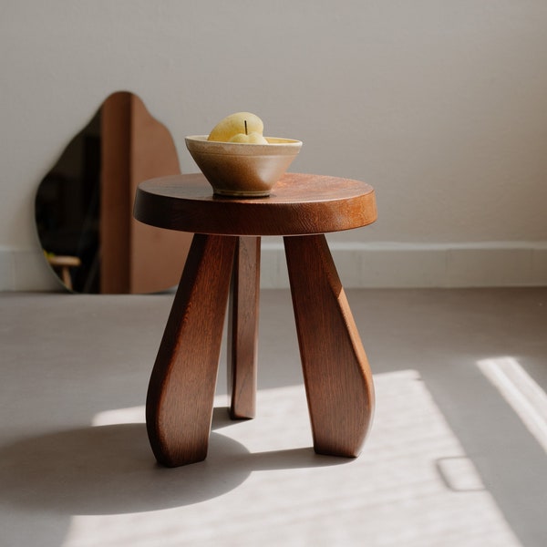 Wooden Stool, dark brown solid oak wood, mid century design, Charlotte Perriand style