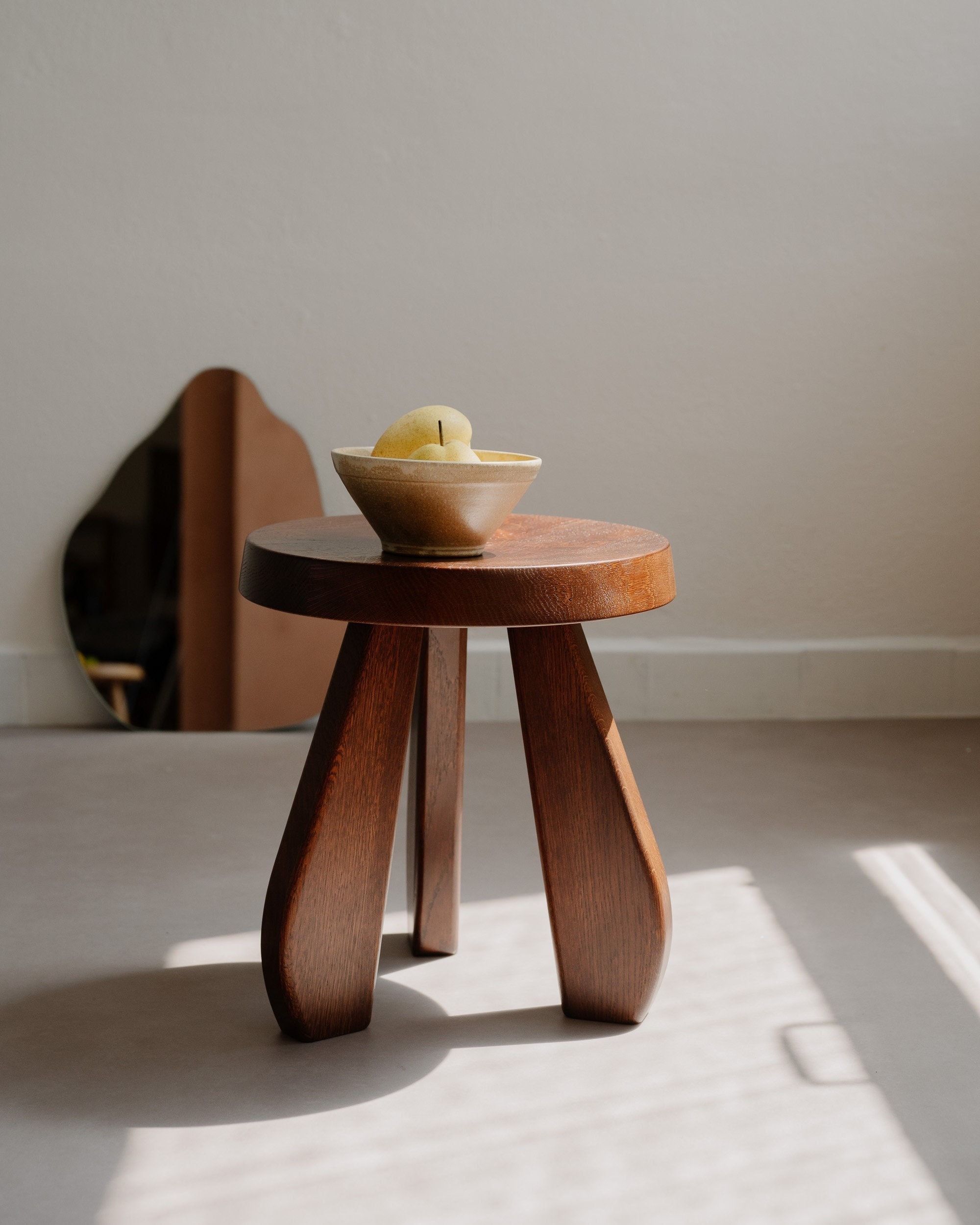 Wooden Stool Dark Brown Solid Oak Wood Mid Century Design Etsy