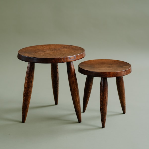 Wooden stool, Charlotte Perriand style, reddish brown stool, solid oak, mid century design