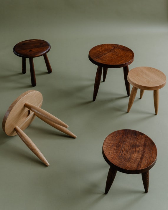 Wooden Stool, Charlotte Perriand Style, Reddish Brown Stool, Solid