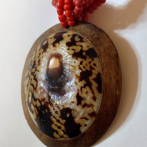 Può includere: Collana con pendente ovale con design a conchiglia e cornice in legno. Il guscio presenta un motivo marrone e crema. La collana ha un filo di perline rosse.