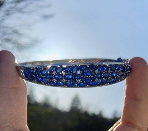 925 Sapphire Gemstone Hinged Bangle Bracelet - Sa… - image 2
