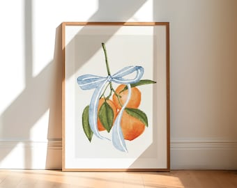 Watercolor Oranges Print, Digital Download, Kitchen Fruit Print, Bows Art Print, Oranges Print