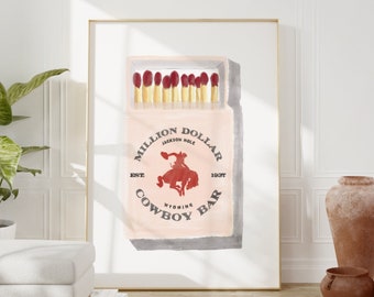 Cowboy Bar Matchbox Print, Digital Download, Matchbox Art, Cowboy Art, Bar Cart Print