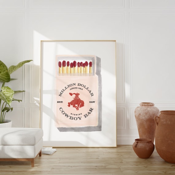 Cowboy Bar Matchbox Print, Digital Download, Matchbox Art, Cowboy Art, Bar Cart Print