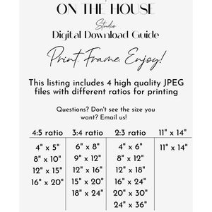 May include: A digital download guide for printing images in different aspect ratios. The guide includes four different ratios: 4:5, 3:4, 2:3, and 11" x 14". Each ratio has a list of common print sizes in inches.
