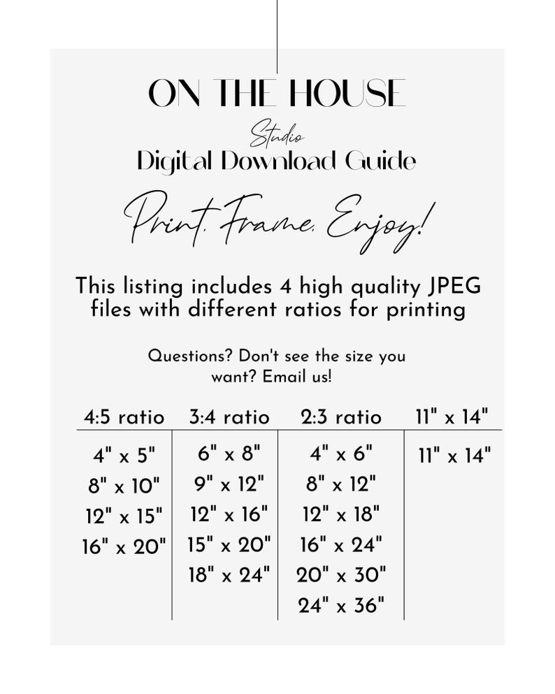 May include: A digital download guide for printing images in different aspect ratios. The guide includes four different ratios: 4:5, 3:4, 2:3, and 11" x 14". Each ratio has a list of common print sizes in inches.