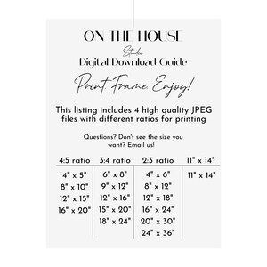 May include: A digital download guide for printing images in different aspect ratios. The guide includes four different aspect ratios: 4:5, 3:4, 2:3, and 11" x 14". The guide lists various print sizes for each aspect ratio, ranging from 4" x 5" to 24" x 36".