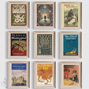 Classic Book Cover Art Prints | Set of 9 | Bookish Gift for Book Lovers and Bookworm | Vintage Digital Printable | Literary Wall Decor