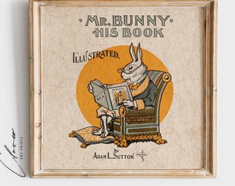 Illustration eines Buchcovers mit Mr. Bunny (Digitaldruck) | Vintage-Drucke für Kinderzimmer | Wanddekoration fürs Kinderzimmer | Antiker Druck