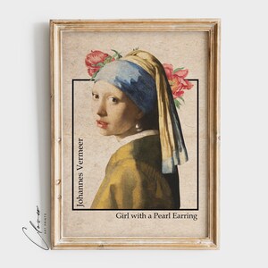 Chica con una pintura de pendiente de perla / Impresión de arte de pared vintage moderno / Decoración estética del hogar / Retrato ecléctico / Impresión digital de artista famoso