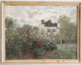 Vintage Cottage Painting | Beautiful Rose Garden Artwork | Warm Toned Digital Art Print