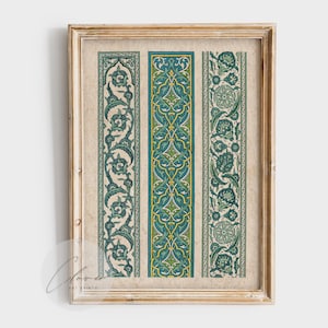 May include: A framed wall art print featuring three vertical panels with intricate floral and geometric patterns in shades of teal, dark green, and yellow on a textured beige background. The frame is made of light-colored wood with a visible grain.