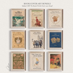 Könnte beinhalten: Neun gerahmte Kunstdrucke von Buchcovern, darunter "Der Hobbit", "Pinocchio" und "The Tale of Squirrel Nutkin". Der Text "BOOK COVER ART BUNDLE" und "Select ANY 9x Book Prints from our shop!" stehen oben.