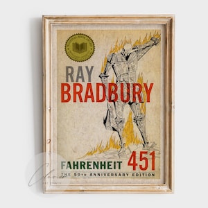 Fahrenheit 451 Ray Bradbury Book Poster - Retro Sci-Fi Banned Book Print - Literary Dystopian Decor for Readers - Antique Library Wall Decor