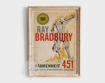 Fahrenheit 451 Ray Bradbury Book Poster - Retro Sci-Fi Banned Book Print - Literary Dystopian Decor for Readers - Antique Library Wall Decor