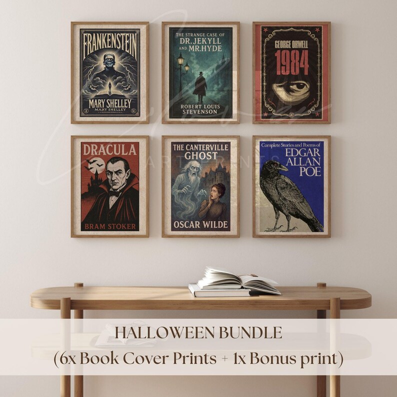 May include: A collection of six framed book cover prints, showcasing classic horror and gothic literature such as "Frankenstein" and "Dracula." The prints are displayed above a wooden bench. The text "Halloween Bundle" is visible.