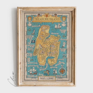 Vintage Treasure Island Map Bibliotheks-Wanddekor | Retro literarische Landkarten Digitaldruck für Leseratten | Bücherwurm Drucke für Buchliebhaber | Buchkunst