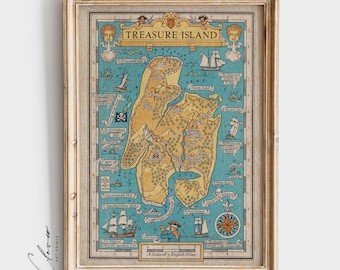Mapa vintage de la Isla del Tesoro para decoración de pared de biblioteca / Mapas literarios retro, impresión digital para amantes de los libros / Láminas literarias para aficionados a la lectura / Arte literario