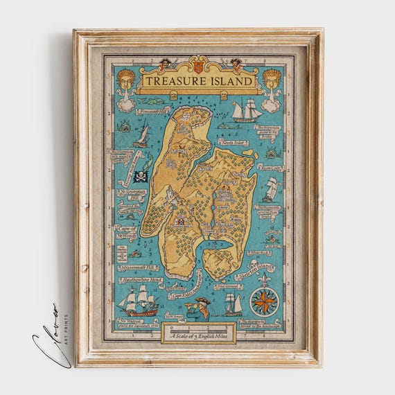 Vintage Treasure Island Map Library Wall Decor | Retro Literary Maps Digital Print for Bookworms | Bookish Prints for Book Lovers | Book Art