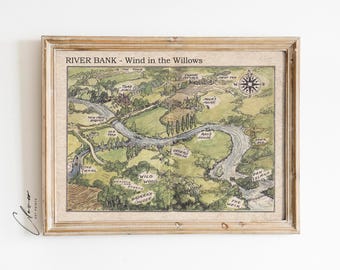 The River Bank Illustrative Map from the Wind in the Willows Digital Print | Antique Nursery Wall Decor | Vintage Book Prints | Bookish Gift