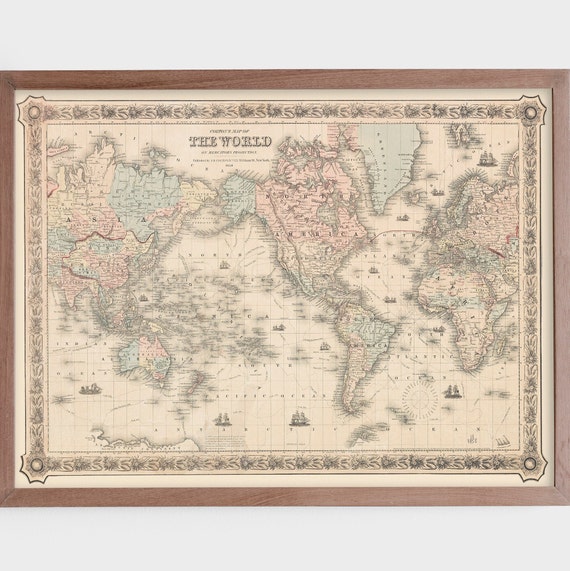 ヴィンテージ世界地図イラストプリント | アンティーク壁装飾 | 古地図