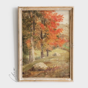 May include: A framed painting of a forest scene with trees in shades of green, orange, and red. The trees are in the foreground of the painting, with a grassy field and a distant hillside in the background.