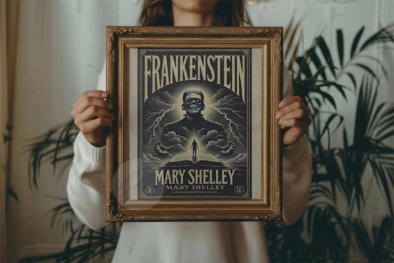 May include: A framed vintage print with the title "Frankenstein" above an illustration of the monster. The print also includes the author's name, Mary Shelley, and is in a gold-coloured frame. The artwork has a vintage aesthetic.