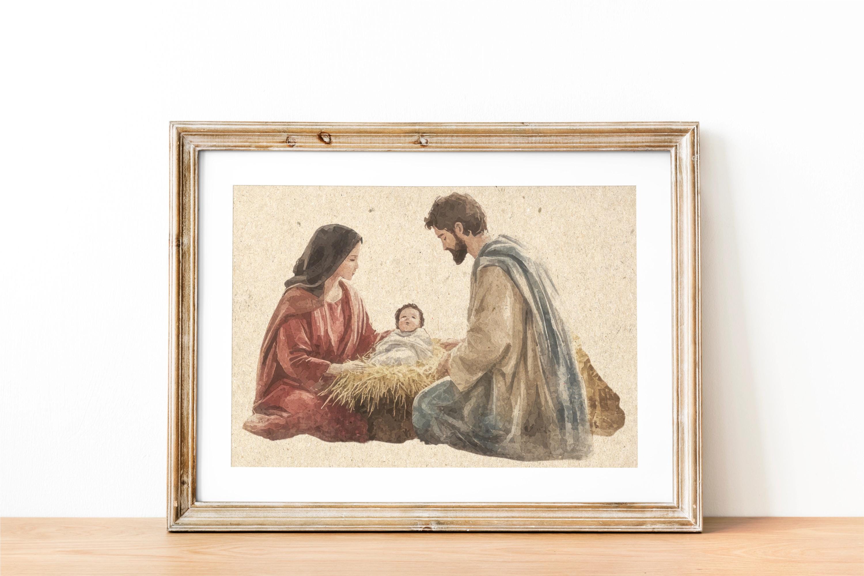 Nativity Scene Art Print, Holy Family Christmas Wall Decor, Mary Joseph ...