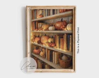 Autumn Bookshelf PHYSICAL Poster | Pumpkin Bookshelf Wall Art | Cozy Fall Decor | Book Lover Gift | Vintage Autumn Illustration Print