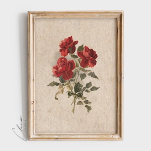 Red Roses Vintage Botanical Art Print | Minimalistic Floral Wall Decor | | Gallery Wall Artwork | Rustic Digital Printable