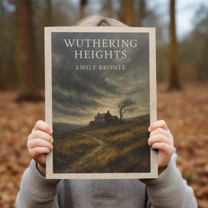 May include: A book cover for "Wuthering Heights" by Emily Bront&euml;, featuring a landscape painting of a house on a hill under a cloudy sky. The book is held in front of a person, with a blurred forest background.