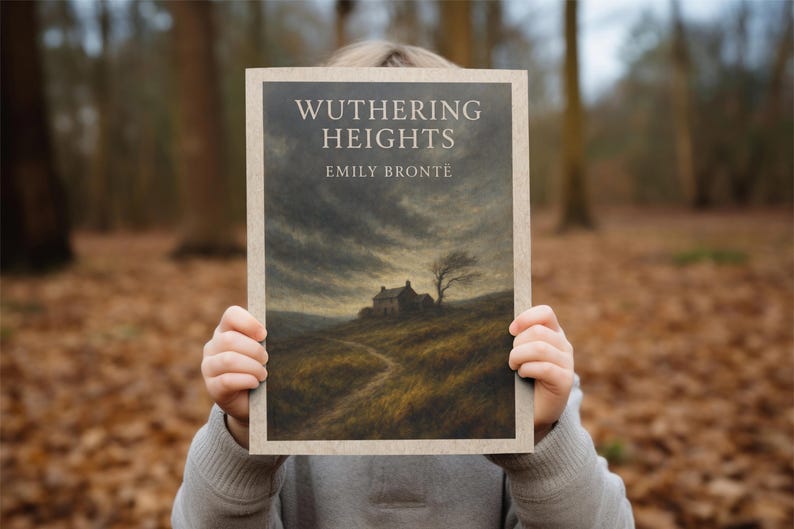 May include: A book cover for "Wuthering Heights" by Emily Bront&euml;, featuring a landscape painting of a house on a hill under a cloudy sky. The book is held in front of a person, with a blurred forest background.