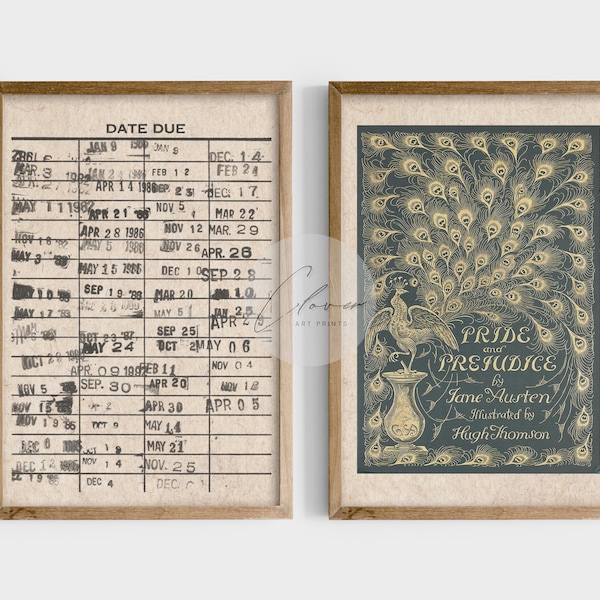 Lot de 2 affiches vintage de fiches de bibliothèque | Couverture du livre Orgueil et Préjugés à imprimer | Illustration numérique rétro | Décoration murale style bibliothèque antique