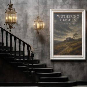 May include: A framed print of "Wuthering Heights" by Emily Bront&euml; hangs on a textured gray wall above a black staircase. The artwork depicts a landscape with a house and path under a cloudy sky. Decorative candle lanterns hang from the ceiling.