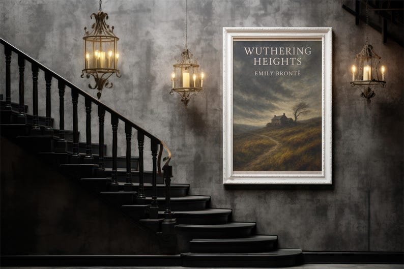 May include: A framed print of "Wuthering Heights" by Emily Bront&euml; hangs on a textured gray wall above a black staircase. The artwork depicts a landscape with a house and path under a cloudy sky. Decorative candle lanterns hang from the ceiling.