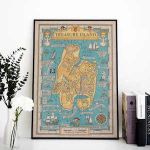 May include: A vintage-style map of Treasure Island, a fictional island from the novel Treasure Island by Robert Louis Stevenson. The map is printed on aged paper with a blue and yellow color scheme. The map features a compass, a scale of 3 English miles, and various landmarks, including Skeleton Island, North Inlet, and Cape of the Woods.