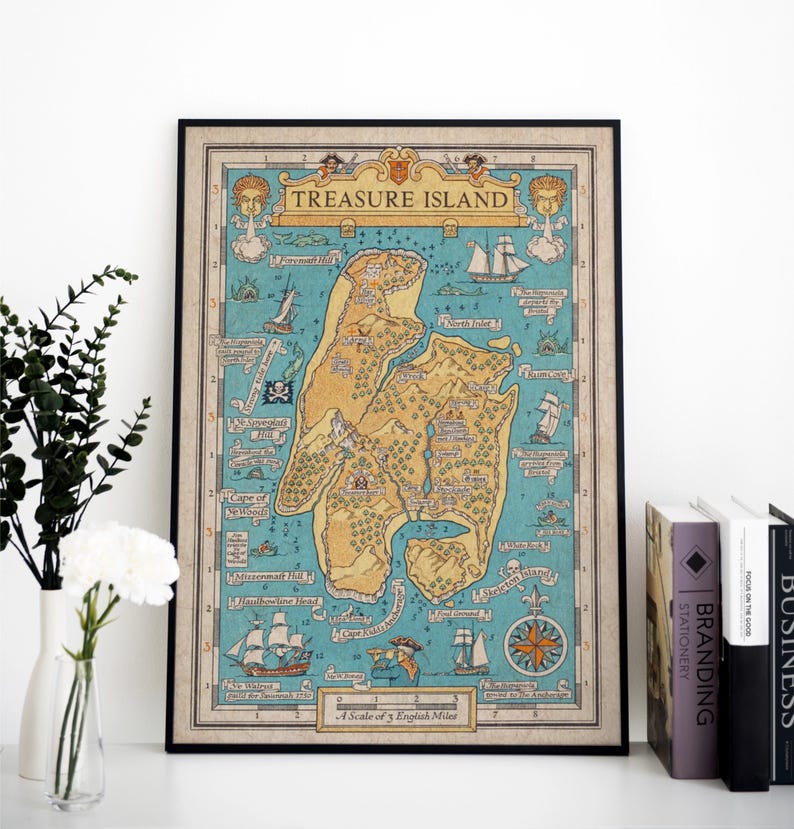 May include: A vintage-style map of Treasure Island, a fictional island from the novel Treasure Island by Robert Louis Stevenson. The map is printed on aged paper with a blue and yellow color scheme. The map features a compass, a scale of 3 English miles, and various landmarks, including Skeleton Island, North Inlet, and Cape of the Woods.