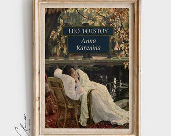 May include: A vintage book cover featuring a woman sleeping in a wicker chair by a pond. The title of the book is "Leo Tolstoy Anna Karenina".