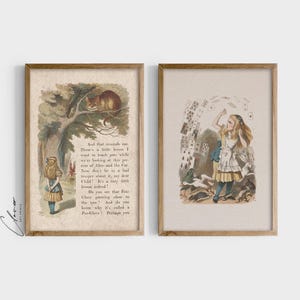 Alice im Wunderland inspiriert Buch Kunst Druck | 2er-Set | Bücherwurm Geschenk für Leseratte | Vintage Digital Druckbare | Kinderzimmer Wand Dekor