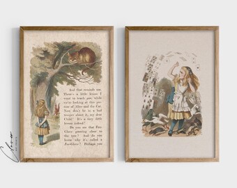 Alice in Wonderland Inspired Book Art Print| Set of 2 | Bookish Gift for Bookworm | Vintage Digital Printable | Nursery Wall Decor